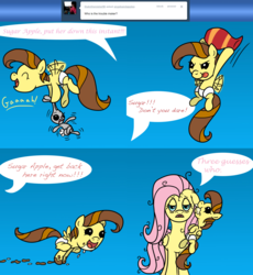 Size: 2560x2778 | Tagged: safe, artist:pampoke, fluttershy, oc, oc:sugar apple, pegasus, pony, rabbit, g4, an apple and four angels, ask, baby, baby pony, bags under eyes, colt, comic, drool, female, flying, high res, implied big macintosh, lidded eyes, male, messy mane, mother and son, mud, muddy, muddy hooves, offscreen character, offspring, parent:big macintosh, parent:fluttershy, parents:fluttermac, speech bubble, tongue out, tumblr, vase
