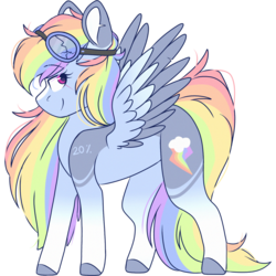Size: 2048x2048 | Tagged: safe, artist:cinnamontee, rainbow dash, pegasus, pony, g4, 20% cooler, alternate design, female, goggles, high res, simple background, smiling, solo, transparent background, two toned wings