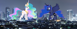 Size: 3500x1313 | Tagged: safe, artist:dashiesparkle, artist:theotterpony, princess celestia, princess luna, alicorn, pony, g4, city, female, giant pony, giantess, giantlestia, highrise ponies, indonesia, irl, jakarta, macro, mare, night, photo, ponies in real life, royal sisters, story in the source