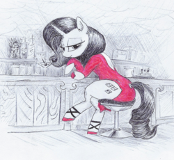 Size: 922x847 | Tagged: safe, artist:t72b, derpibooru exclusive, rarity, semi-anthro, g4, alcohol, bar, clothes, crossed legs, dress, female, hatching (technique), indoors, limited palette, looking at you, looking back, minidress, monochrome, noir, partial color, shoes, side slit, sitting, smiling, solo, total sideslit, traditional art, urbanmech