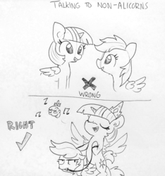 Size: 1181x1263 | Tagged: safe, artist:tjpones, rainbow dash, twilight sparkle, alicorn, pony, g4, bit, crown, duo, eyes closed, female, femdom, grayscale, horn, how to talk to short people, jewelry, lineart, meme, monochrome, music notes, ponies riding ponies, ponified, rainbow, regalia, reins, riding, simple background, singing, smiling, tack, traditional art, twidom, twilight riding rainbow dash, twilight sparkle (alicorn), tyrant, tyrant sparkle, unamused