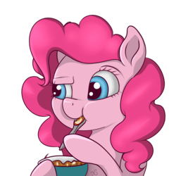 Size: 3000x3000 | Tagged: safe, artist:xchan, derpibooru exclusive, pinkie pie, earth pony, pony, g4, apple, bowl, cereal, doubt, eating, female, food, herbivore, high res, oatmeal, oats, raised eyebrow, simple background, solo, spoon, transparent background