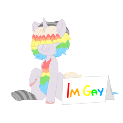 Size: 1000x1000 | Tagged: safe, artist:sleepysuika, oc, oc only, pony, unicorn, clothes, cute, gay pride, i'm gay, male, pride, sign, simple background, sitting, socks, solo, striped socks, transparent background