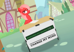 Size: 1547x1099 | Tagged: safe, artist:arifproject, oc, oc only, oc:downvote, pony, derpibooru, g4, change my mind, derpibooru ponified, downvotes are upvotes, meme, meta, paper, paradox, ponified, ponyville, sitting, solo, steven crowder, table, tags, tape, vector