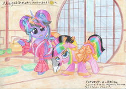 Size: 3485x2481 | Tagged: safe, artist:magnifsunspiration, oc, oc only, oc:altstar miyake, oc:orchidea berries-miyake, earth pony, pony, unicorn, bow, clothes, female, high res, kimono (clothing), mare, teapot, traditional art