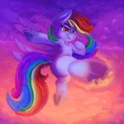 Size: 2000x2000 | Tagged: safe, artist:discorded, rainbow dash, pegasus, pony, g4, armpits, butt, female, flying, frog (hoof), high res, kicking, mare, plot, rainbutt dash, smiling, solo, underhoof