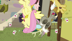 Size: 1280x720 | Tagged: safe, screencap, discord, fluttershy, draconequus, pony, discordant harmony, g4, ginseng teabags, laughing, upside down