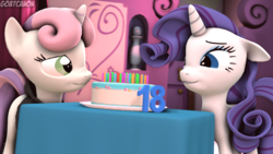 Size: 3840x2160 | Tagged: safe, artist:goatcanon, rarity, sweetie belle, g4, 3d, birthday, birthday cake, cake, carousel boutique, clothes, floppy ears, food, future, high res, hoodie, older, older sweetie belle, source filmmaker