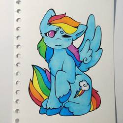 Size: 1080x1080 | Tagged: safe, artist:mistlehawk, rainbow dash, pegasus, pony, g4, :3, blinking, cute, female, mare, one eye closed, raised hoof, simple background, sitting, solo, traditional art, unshorn fetlocks, white background