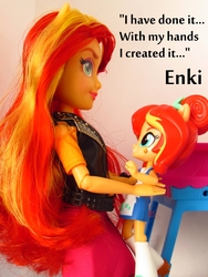 Size: 810x1080 | Tagged: safe, artist:whatthehell!?, sunset shimmer, fish, equestria girls, g4, birth, clone, clothes, creation, doll, duality, enki, equestria girls minis, eqventures of the minis, female, hair, irl, jacket, japanese, mother and daughter, mythology, origins, photo, replication, self paradox, shoes, skirt, sumerian, sunset sushi, toy, truck