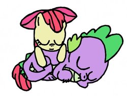 Size: 537x405 | Tagged: safe, artist:closer-to-the-sun, apple bloom, spike, dragon, pony, g4, cuddling, cute, female, hug, interspecies, male, ship:spikebloom, shipping, simple background, sleeping, straight, white background