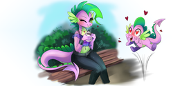 Size: 3464x1732 | Tagged: safe, artist:wilvarin-liadon, spike, dragon, anthro, g4, barb, belly button, blushing, clothes, dragoness, female, heart eyes, looking at you, male, midriff, one eye closed, rule 63, self ponidox, selfcest, ship:spikebarb, shipping, shirt, smiling, sports bra, straight, tank top, wingding eyes, wink