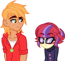 Size: 5000x4644 | Tagged: safe, artist:orin331, big macintosh, moondancer, dancerverse, equestria girls, g4, absurd resolution, alternate universe, blushing, breasts, clothes, equestria girls-ified, glasses, looking away, macdancer, simple background, sweater, transparent background