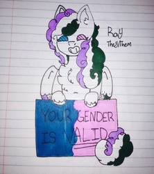 Size: 540x607 | Tagged: safe, artist:sparki-katt, oc, oc only, oc:ray, pegasus, pony, cute, genderqueer, genderqueer pride flag, lined paper, positive ponies, pride, pride ponies, smiling, solo, traditional art