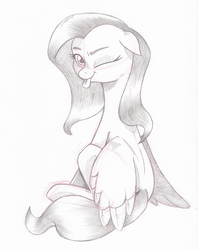 Size: 753x950 | Tagged: safe, artist:saturdaymorningproj, fluttershy, pegasus, pony, g4, :p, cute, female, grayscale, monochrome, one eye closed, pencil drawing, shyabetes, silly, sitting, solo, tongue out, traditional art, wink