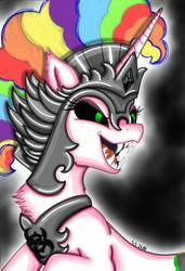 Size: 1084x1588 | Tagged: safe, artist:samarasofiii, oc, oc only, pony, unicorn, crown, fangs, helmet, horn, jewelry, long horn, mawshot, open mouth, peytral, rainbow, regalia, solo