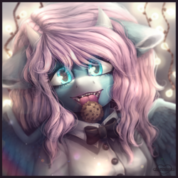 Size: 2050x2050 | Tagged: safe, artist:lenapetrushka, oc, oc only, pegasus, anthro, bowtie, clothes, cookie, cute, food, high res, horns, pegasus oc, solo, wings