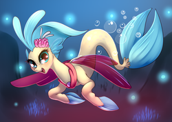 Size: 4961x3508 | Tagged: dead source, safe, artist:dankflank, princess skystar, seapony (g4), g4, my little pony: the movie, absurd resolution, bioluminescent, blue eyes, blue mane, blue tail, bubble, coral, crepuscular rays, cute, digital art, dorsal fin, explicit source, female, fin, fin wings, fins, fish tail, floppy ears, flower, flower in hair, flowing mane, flowing tail, freckles, happy, jewelry, looking at you, necklace, ocean, open mouth, open smile, pearl necklace, scales, seaquestria, seaweed, signature, skyabetes, smiling, solo, spread wings, sweet dreams fuel, swimming, tail, teeth, underwater, water, wings
