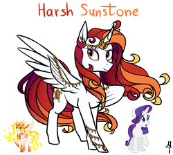Size: 1075x963 | Tagged: safe, artist:fusionsofponies, artist:milchik, daybreaker, rarity, oc, alicorn, g4, black outlines, curved horn, female, fusion, fusion:daybreaker, fusion:rarity, horn, horn ring, jewelry, lacrimal caruncle, mare, ring, wing jewelry, wings