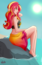Size: 800x1232 | Tagged: safe, artist:emberfan11, sunset shimmer, human, equestria girls, equestria girls series, forgotten friendship, g4, barefoot, beach, clothes, feet, female, looking at you, midriff, ocean, rock, sarong, sitting, solo, sun, sunshine shimmer, swimsuit