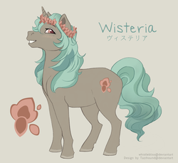 Size: 900x823 | Tagged: safe, artist:alicelgagne, oc, oc only, oc:wisteria, pony, unicorn, cutie mark, female, floral head wreath, flower, freckles, looking at you, mare, reference sheet, simple background, smiling, solo