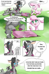 Size: 853x1280 | Tagged: safe, artist:luciferamon, oleander (tfh), pom (tfh), classical unicorn, dog, pony, sheep, unicorn, them's fightin' herds, book, cloven hooves, comic, community related, curved horn, duo, female, horn, leonine tail, mare, puppy, unshorn fetlocks