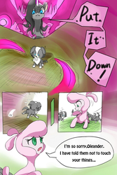 Size: 853x1280 | Tagged: safe, artist:luciferamon, fhtng th§ ¿nsp§kbl, oleander (tfh), pom (tfh), dog, pony, sheep, unicorn, them's fightin' herds, comic, community related, female, puppy, running