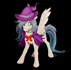 Size: 800x784 | Tagged: safe, artist:alicelgagne, oc, oc only, pegasus, pony, bow, cape, clothes, cutie mark, female, hat, mare, open mouth, simple background, smiling, solo, witch, witch hat