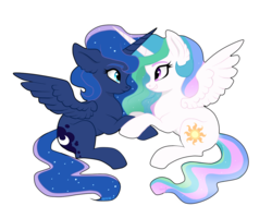 Size: 1280x1024 | Tagged: safe, artist:pinkamenascratch, princess celestia, princess luna, alicorn, pony, g4, chibi, cute, ear fluff, eye contact, female, incest, lesbian, looking at each other, mare, royal sisters, ship:princest, shipping, simple background, sisters, smiling, spread wings, transparent background, wings