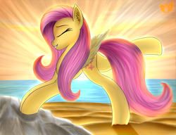 Size: 3000x2300 | Tagged: safe, artist:xeniusfms, fluttershy, pegasus, pony, g4, beach, ear fluff, female, happy, high res, mare, rock, sand, smiling, stretching, sunrise, workout