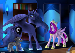 Size: 1024x731 | Tagged: safe, artist:backlash91, princess cadance, princess luna, oc, oc:night mist, alicorn, bat pony, pony, g4, bat pony oc, butt, colt, concave belly, ethereal mane, ethereal tail, female, fit, foal, height difference, male, mare, offspring, parent:princess luna, plot, slender, tail, thin
