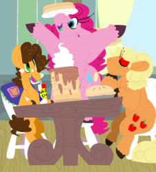 Size: 1184x1309 | Tagged: safe, artist:goatpaste, applejack, cheese sandwich, pinkie pie, g4, bisexual, cheesejack, female, lesbian, male, polyamory, ship:applepie, ship:cheesepie, shipping, straight