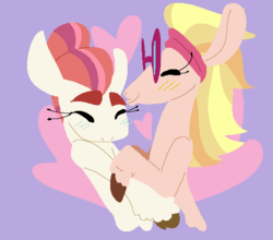 Size: 542x478 | Tagged: safe, artist:goatpaste, honey lemon, morning roast, pony, unicorn, g4, background pony, eyes closed, female, heart, honeyroast, lesbian, mare, missing horn, shipping, unshorn fetlocks