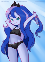 Size: 1152x1584 | Tagged: safe, artist:drantyno, princess luna, vice principal luna, human, equestria girls, g4, armpits, belly button, black underwear, bra, breasts, brushing, clothes, crop top bra, female, frilly underwear, looking at you, panties, ribbon, small breasts, smiling, solo, underwear, younger