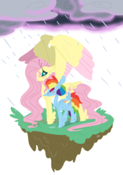 Size: 1155x1644 | Tagged: safe, artist:goatpaste, fluttershy, rainbow dash, g4, blushing, colored wings, female, floating island, heart eyes, lesbian, rain, ship:flutterdash, shipping, tail feathers, wing umbrella, wingding eyes