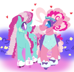 Size: 828x812 | Tagged: safe, artist:goatpaste, minty, pinkie pie, earth pony, pony, g3, g4, clothes, female, heart eyes, lesbian, mare, open mouth, ship:pinkieminty, shipping, simple background, smiling, transparent background, wingding eyes
