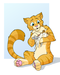 Size: 2400x3000 | Tagged: safe, artist:scruffasus, oc, oc only, oc:der, cat, griffon, bellyrubs, duo, furry, high res, male, micro, paw pads, paws, simple background, size difference, underpaw