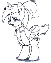Size: 2418x3000 | Tagged: safe, artist:an-tonio, oc, oc only, oc:silver draw, pony, bipedal, blushing, clothes, covering, cute, embarrassed, freckles, high res, marilyn monroe, monochrome, movie reference, pleated skirt, ponytail, school uniform, schoolgirl, skirt, skirt lift, skirt pull, solo, speech, the seven year itch, upskirt, wind