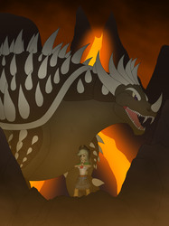 Size: 2505x3342 | Tagged: safe, artist:pyrus-leonidas, part of a set, applejack, kaiju, equestria girls, g4, anguirus, clothes, cowboy hat, crossover, godzilla (series), hat, high res, lava, open mouth, size difference, stetson, volcano