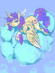 Size: 675x900 | Tagged: safe, artist:sun-shimmer, alula, pluto, princess erroria, alicorn, pony, g4, 4chan, cloud, error, female, glitch, lying on a cloud, solo, wristband