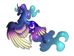Size: 1024x768 | Tagged: safe, artist:loryska, princess luna, g4, alternative cutie mark placement, colored wings, curved horn, female, flying, gradient wings, hoers, horn, rainbow power, rainbow power-ified, simple background, solo, tail, tail feathers, transparent background, wings