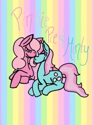 Size: 768x1024 | Tagged: safe, artist:jj-is-my-name98, minty, pinkie pie (g3), earth pony, pony, g3, abstract background, crossed hooves, eyes closed, female, lesbian, lying down, mare, ship:mintypie, shipping