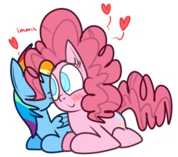 Size: 538x474 | Tagged: safe, artist:mr-degration, pinkie pie, rainbow dash, earth pony, pegasus, pony, g4, blushing, cheek kiss, colored pupils, eyes closed, female, floating heart, heart, kissing, lesbian, lying down, mare, prone, ship:pinkiedash, shipping, simple background, transparent background
