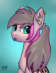 Size: 2300x3000 | Tagged: safe, artist:xeniusfms, oc, oc only, oc:light beam, pegasus, pony, ear fluff, ear piercing, female, gradient background, high res, mare, piercing, signature, solo