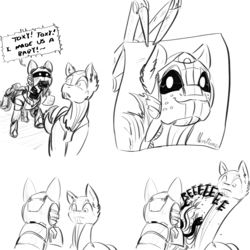 Size: 2000x2000 | Tagged: safe, artist:testostepone, oc, oc:non toxic, oc:runtime, monster pony, original species, pony, robot, robot pony, tatzlpony, black and white, cheek fluff, comic, ear fluff, excited, exploitable meme, female, frown, grayscale, high res, lineart, long neck, male, meme, monochrome, nope, nope.avi, offspring, open mouth, reeee, scared, scroll, shipping, simple background, smiling, speech bubble, straight, tentacles, white background, wide eyes, worried