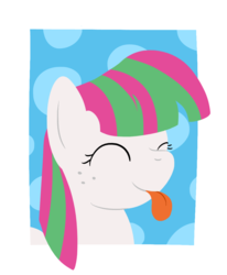 Size: 924x1122 | Tagged: safe, artist:phat_guy, derpibooru exclusive, blossomforth, pegasus, pony, g4, :p, adoraforth, bubble, bust, cute, eyes closed, female, frame, freckles, lineless, mare, minimalist, modern art, portrait, silly, smiling, solo, tongue out