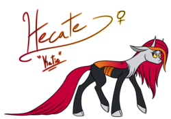 Size: 900x630 | Tagged: safe, artist:pampoke, oc, oc only, oc:hacate, hybrid, cloven hooves, female, floppy ears, horns, interspecies offspring, long ears, offspring, parent:lord tirek, parent:queen chrysalis, parents:chrystirek, simple background, solo, transparent background