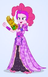 Size: 629x1000 | Tagged: safe, artist:pixelkitties, pinkie pie, equestria girls, g4, and that's how equestria was unmade, avengers: infinity war, beautiful, clothes, element of generosity, element of honesty, element of laughter, element of loyalty, element of magic, elements of harmony, equestria is doomed, evil grin, female, gauntlet, gradient background, happy, harmony gauntlet, infinity gauntlet, infinity gems, marvel, marvel cinematic universe, marvel comics, parody, simple background, skirt, smiling, solo, thanos, we are doomed, xk-class end-of-the-universe scenario, xk-class end-of-the-world scenario