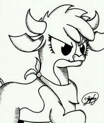 Size: 1673x1976 | Tagged: safe, artist:up-world, arizona (tfh), cow, them's fightin' herds, bandana, black and white, community related, crosshatch, female, grayscale, handkerchief, horns, monochrome, simple background, solo, traditional art, white background