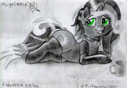 Size: 2447x1712 | Tagged: safe, artist:magnifsunspiration, oc, oc only, oc:melissent outshine, pony, unicorn, clothes, female, latex, latex socks, mare, monochrome, partial color, socks, solo, traditional art